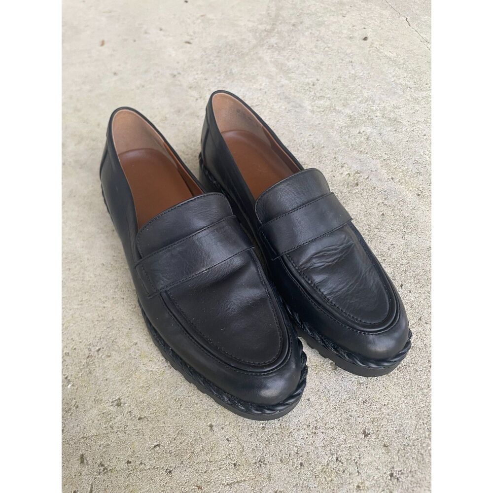 Franco Sarto Carol black braided lug sole leather loafers slip on sz 9